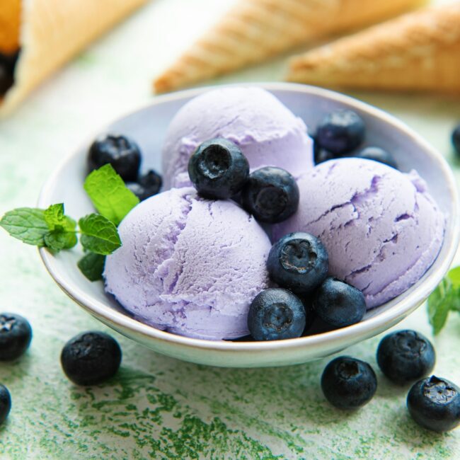 Homemade blueberry ice cream with fresh blueberries